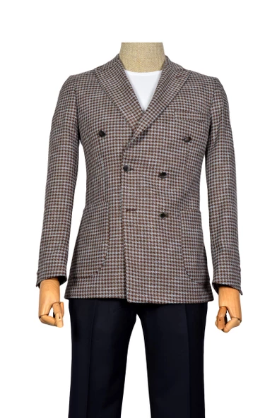 Cengiz İnler Kazayağı Desen Kırlangıç Yaka Çift Düğme Kruvaze Slim Erkek Ceket - Resim 7