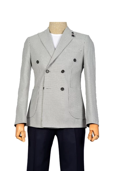 Cengiz İnler Kazayağı Desen Kırlangıç Yaka Çift Düğme Kruvaze Slim Erkek Ceket - Resim 4