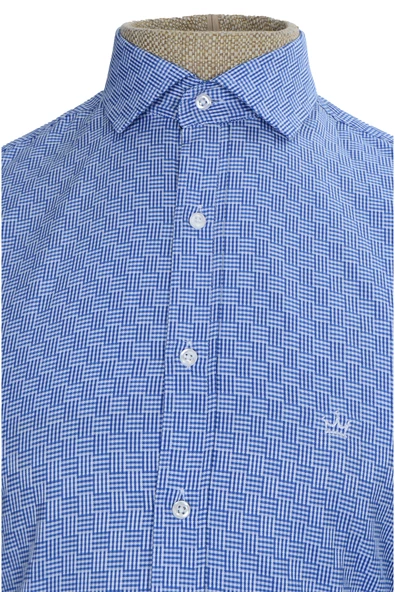 Cengiz İnler Standart Yaka Dört Çizgi Kare Desen Oxford Slim Fit Erkek Pamuk Gömlek