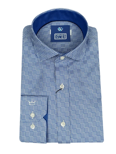 Cengiz İnler Standart Yaka Dört Çizgi Kare Desen Oxford Slim Fit Erkek Pamuk Gömlek - 6
