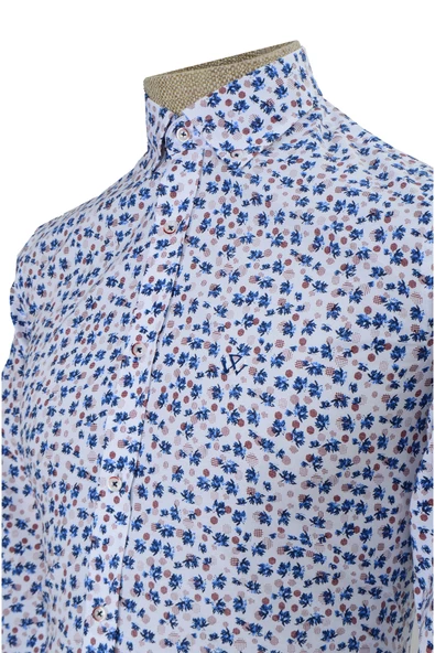 Cengiz İnler Standart Yaka Puantiye Çiçek Desen Slim Fit Erkek Pamuk Gömlek - 3
