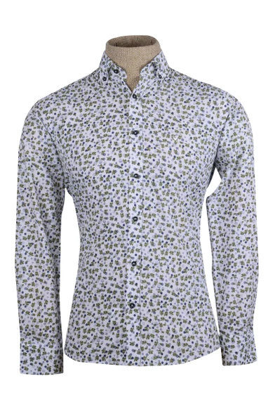Cengiz İnler Standart Yaka Puantiye Çiçek Desen Slim Fit Erkek Pamuk Gömlek - 8
