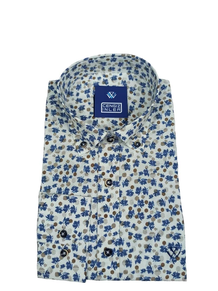 Cengiz İnler Standart Yaka Puantiye Çiçek Desen Slim Fit Erkek Pamuk Gömlek - 2