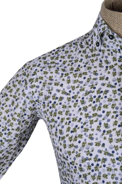 Cengiz İnler Standart Yaka Puantiye Çiçek Desen Slim Fit Erkek Pamuk Gömlek - 10