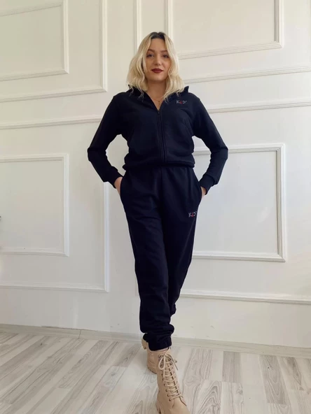 Kadın Kapüşonlu Paçası Lastikli Eşofman Takımı Siyah - 2