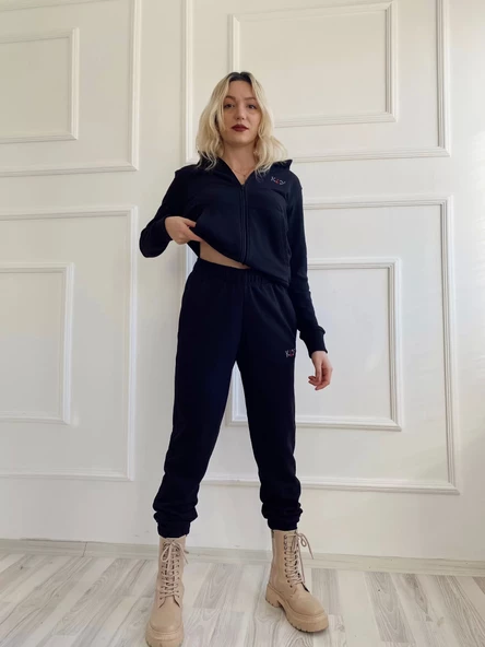 Kadın Kapüşonlu Paçası Lastikli Eşofman Takımı Siyah - 7