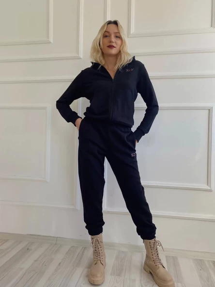 Kadın Kapüşonlu Paçası Lastikli Eşofman Takımı Siyah - 6