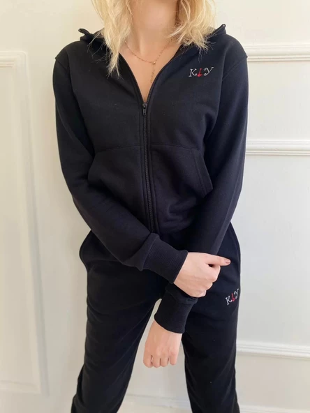 Kadın Kapüşonlu Paçası Lastikli Eşofman Takımı Siyah - 3