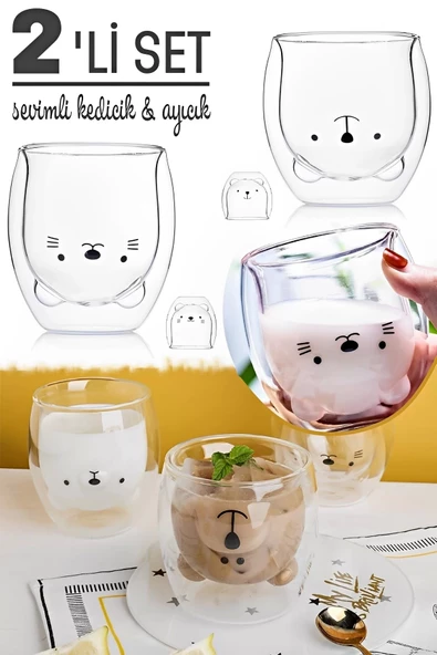 2li Çift Camlı Cidarlı Sevimli Ayıcık Süt Çay Kahve Su Kupa Bardağı 250ml Ev Ofis Isı Yalıtımlı Bardak - 2