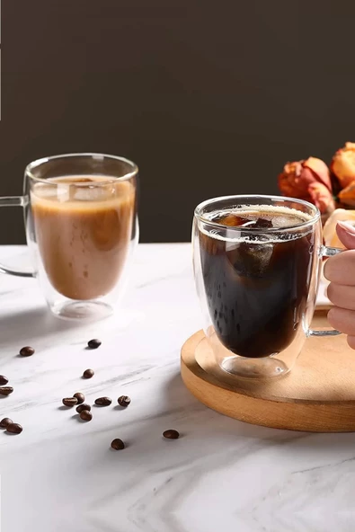 Çift Cidarlı Bardak Cam Kupa 310 ml Ev Ofis Espresso Kahve Fincanı Borosilikat Kulplu Çay Bardağı - 5