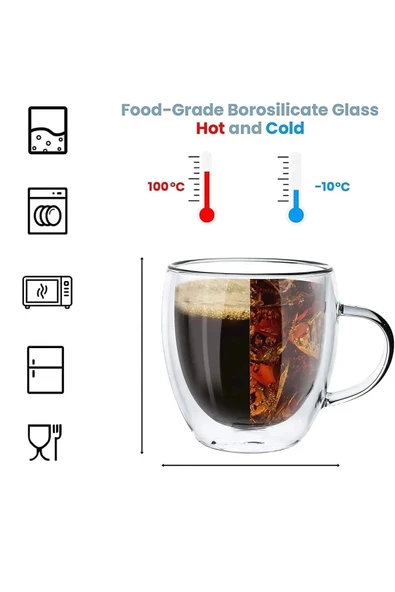 Çift Cidarlı Bardak Cam Kupa 310 ml Ev Ofis Espresso Kahve Fincanı Borosilikat Kulplu Çay Bardağı - 2