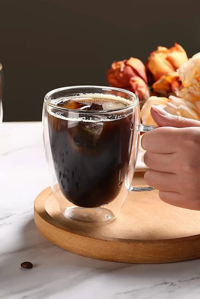 Çift Cidarlı Bardak Cam Kupa 310 ml Ev Ofis Espresso Kahve Fincanı Borosilikat Kulplu Çay Bardağı - 4