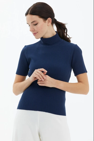 Tam Balıkçı Yaka Kısa Kollu Triko Kazak - Lacivert - Resim 2