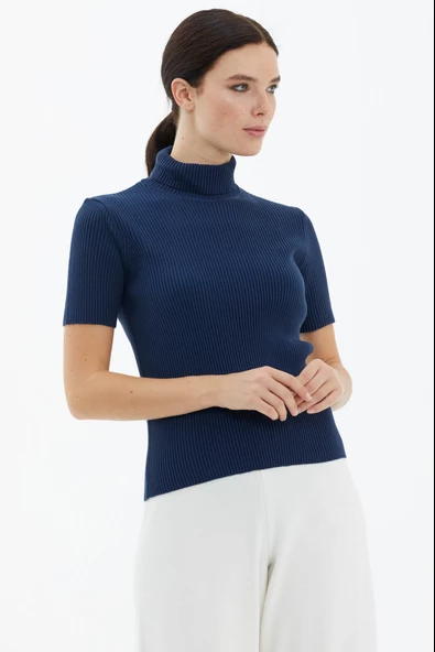Tam Balıkçı Yaka Kısa Kollu Triko Kazak - Lacivert - Resim 3