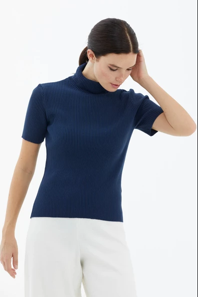 Tam Balıkçı Yaka Kısa Kollu Triko Kazak - Lacivert ürün görseli 1