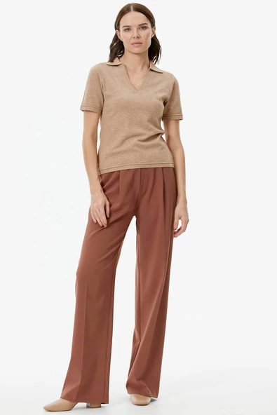 Polo Yaka Kısa Kol Triko Kazak - Bej - Resim 2