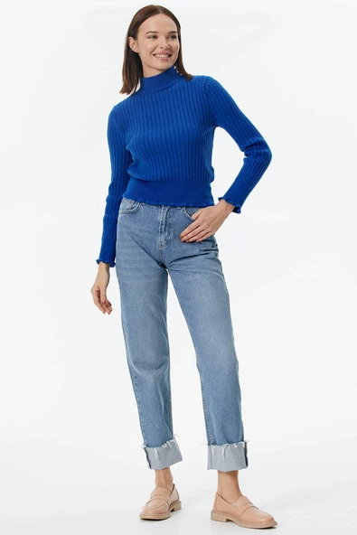 Yarım Balıkçı Düğmeli Derbili Triko Kazak - Saks - Resim 3