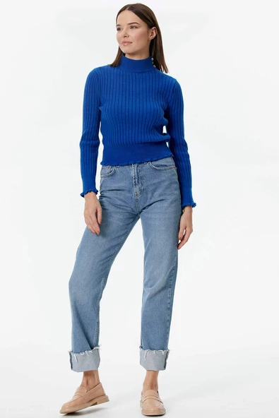 Yarım Balıkçı Düğmeli Derbili Triko Kazak - Saks - Resim 2