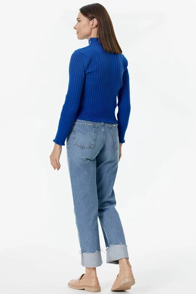 Yarım Balıkçı Düğmeli Derbili Triko Kazak - Saks - Resim 4