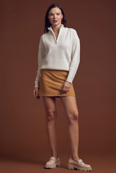 Yarım Balıkçı Yaka  Fermuarlı Yün Triko Kazak - Kemik - Resim 2