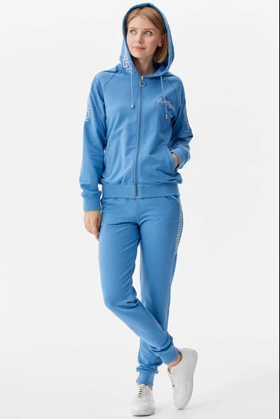 Sim Örgü Detaylı Kapüşonlu Eşofman Takım - Mavi - Resim 5