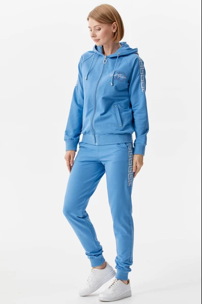 Sim Örgü Detaylı Kapüşonlu Eşofman Takım - Mavi - Resim 4