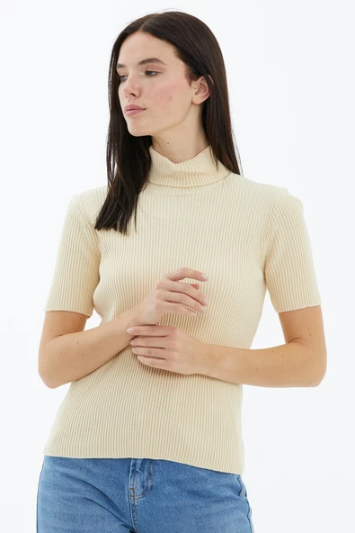 Tam Balıkçı Yaka Kısa Kollu Triko Kazak - Krem - Resim 2