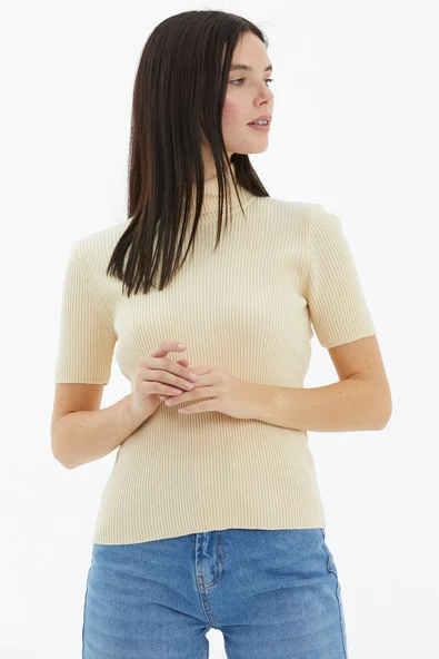 Tam Balıkçı Yaka Kısa Kollu Triko Kazak - Krem - Resim 3