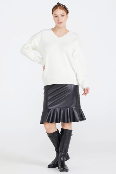 Kadın V Yaka Triko Kazak - Kemik