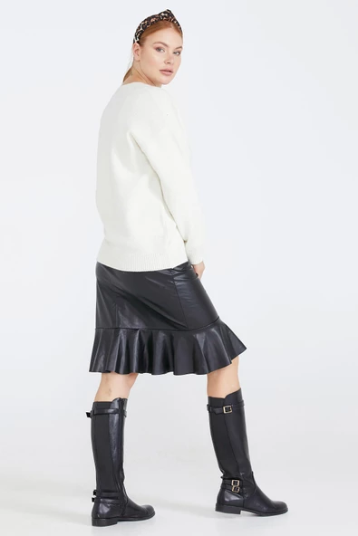 Kadın V Yaka Triko Kazak - Kemik - 4