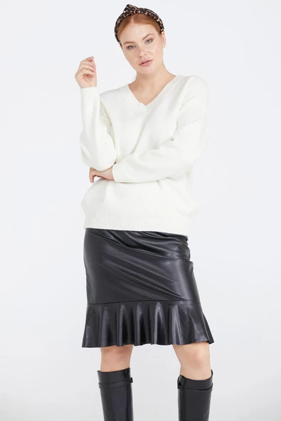 Kadın V Yaka Triko Kazak - Kemik - 3