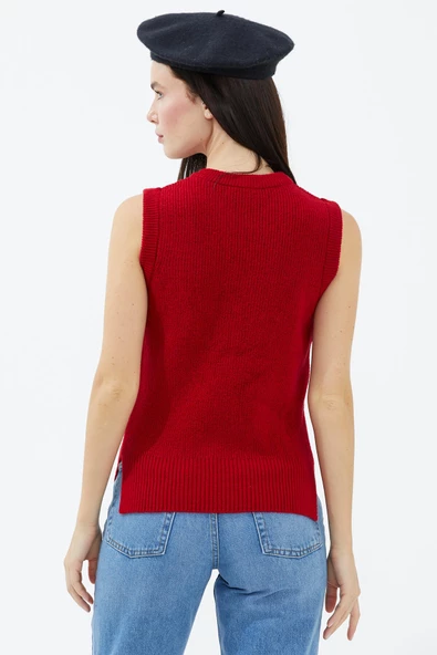 Sıfır Yaka Triko Süveter - Kırmızı - Resim 3