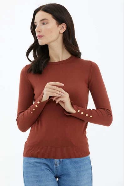 Sıfır Yaka Kolu Düğmeli Triko Kazak - Kiremit - Resim 2