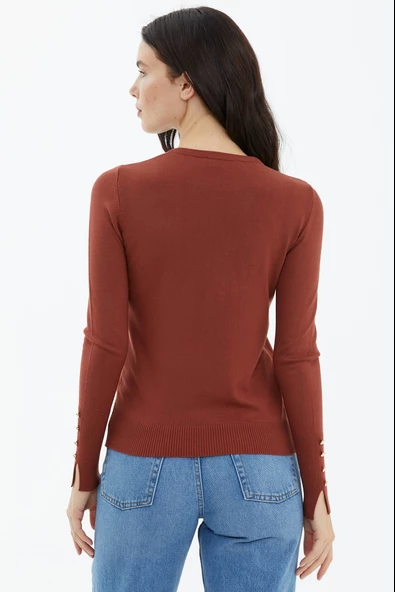 Sıfır Yaka Kolu Düğmeli Triko Kazak - Kiremit - Resim 3