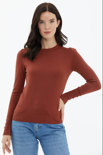 Sıfır Yaka Kolu Düğmeli Triko Kazak - Kiremit ürün görseli 1