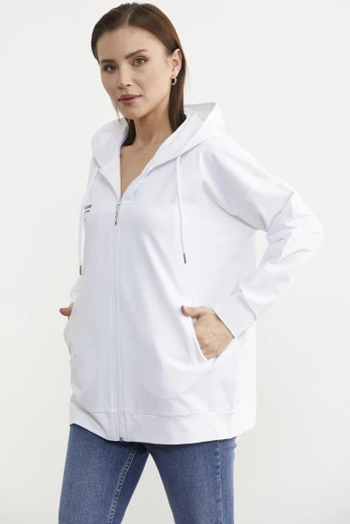 Fermuarlı Oversize Sweat - Beyaz - 2