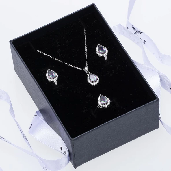 Damla Model Mistik Topaz Taşlı 925 Ayar Gümüş Kadın Üçlü Set - 2