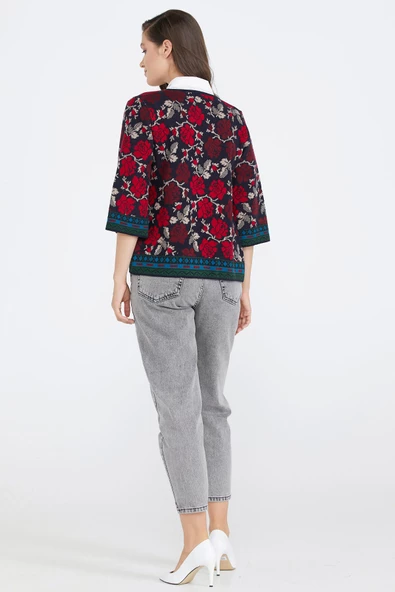 Desenli Triko Kadın Ceket - Lacivert - Bordo - 4