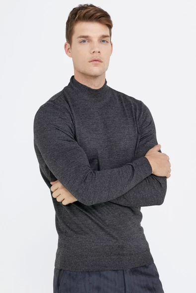 Erkek Yarım Boğazlı Triko Kazak - Antrasit - Resim 2