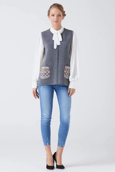 Kadın Cepli Fermuarlı Triko Yelek - Koyu Gri - Krem - Resim 2