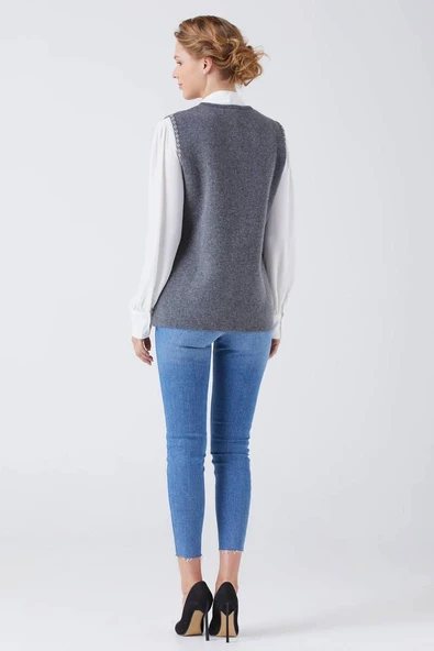 Kadın Cepli Fermuarlı Triko Yelek - Koyu Gri - Krem - Resim 3