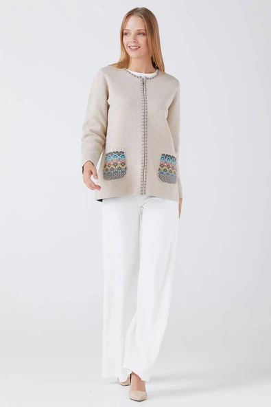 Kadın Fermuarlı Cepli Triko Ceket - Bej - Antrasit