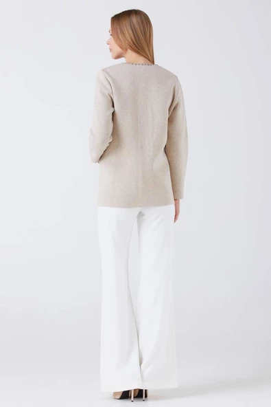 Kadın Fermuarlı Cepli Triko Ceket - Bej - Antrasit - 4