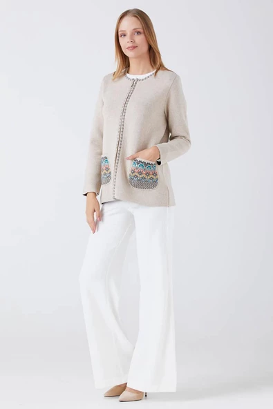 Kadın Fermuarlı Cepli Triko Ceket - Bej - Antrasit - 2