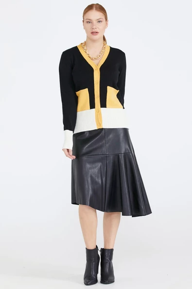 Kadın Renkli Cepli Triko Hırka - Siyah - Resim 2