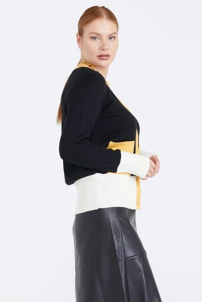 Kadın Renkli Cepli Triko Hırka - Siyah - Resim 3