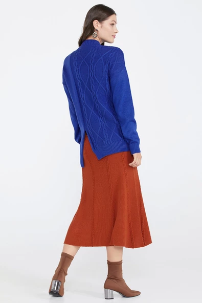 Kadın Yırtmaçlı Triko Kazak - Saks - Resim 3