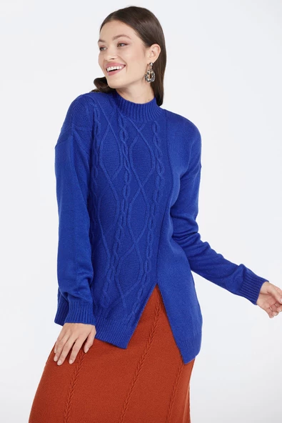 Kadın Yırtmaçlı Triko Kazak - Saks - Resim 2