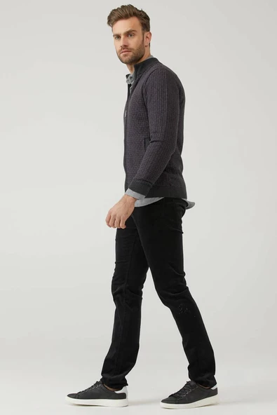 Erkek Fermuarlı Cepli Triko Hırka - Antrasit - Mor - Resim 3