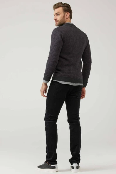 Erkek Fermuarlı Cepli Triko Hırka - Antrasit - Mor - Resim 4